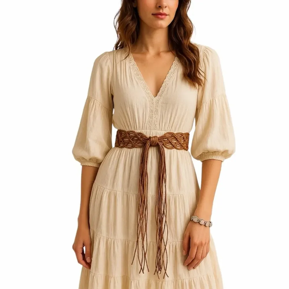 Boho Western Brown Cognac Braided Macramé Fringe Belt Women’s Size Small Medium - Picture 8 of 8